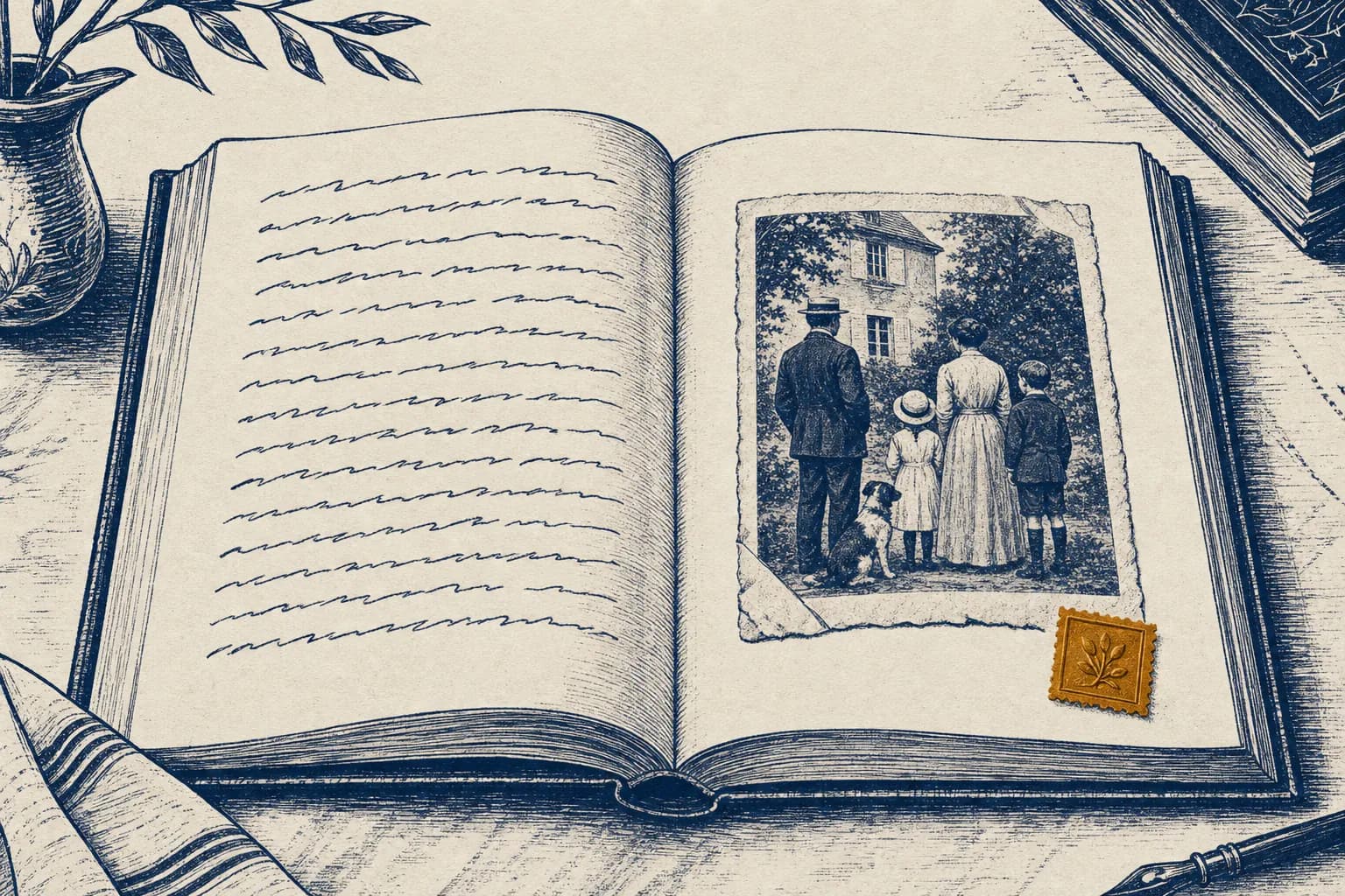 Un livre ouvert, du texte à gauche, une photo ancienne et un sceau à droite
